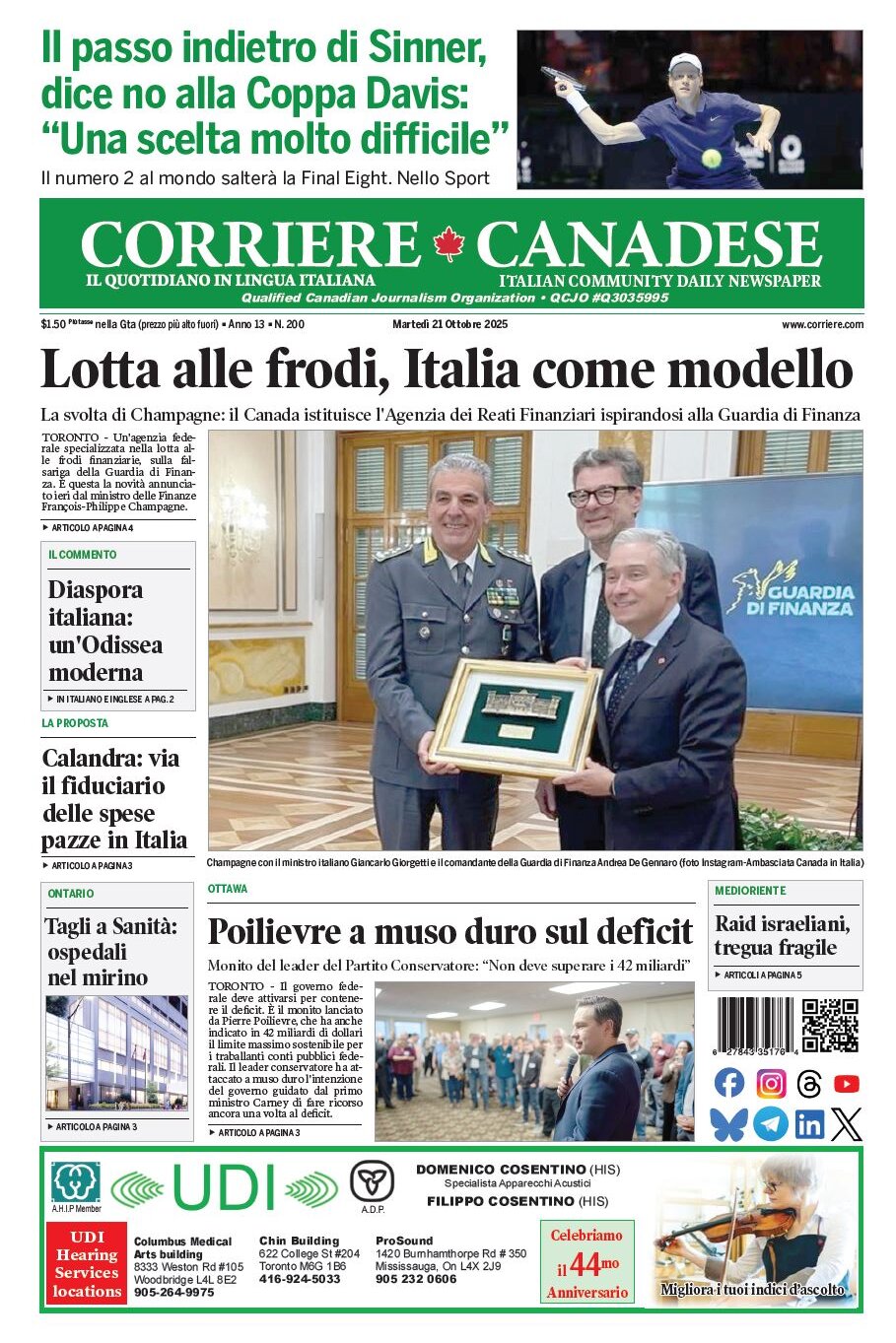 Corriere Canadese - Front Page - 10/21/2025