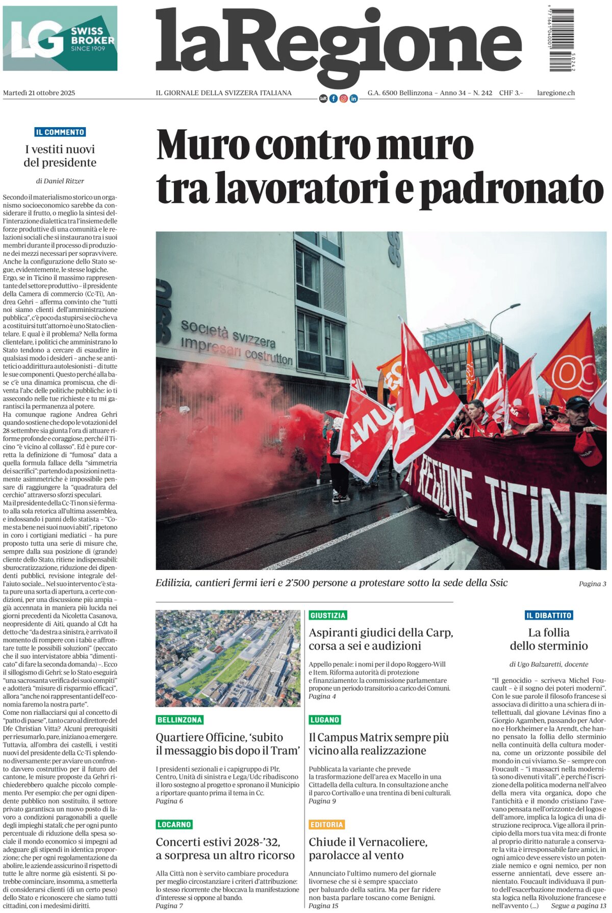 La Regione - Front Page - 10/21/2025