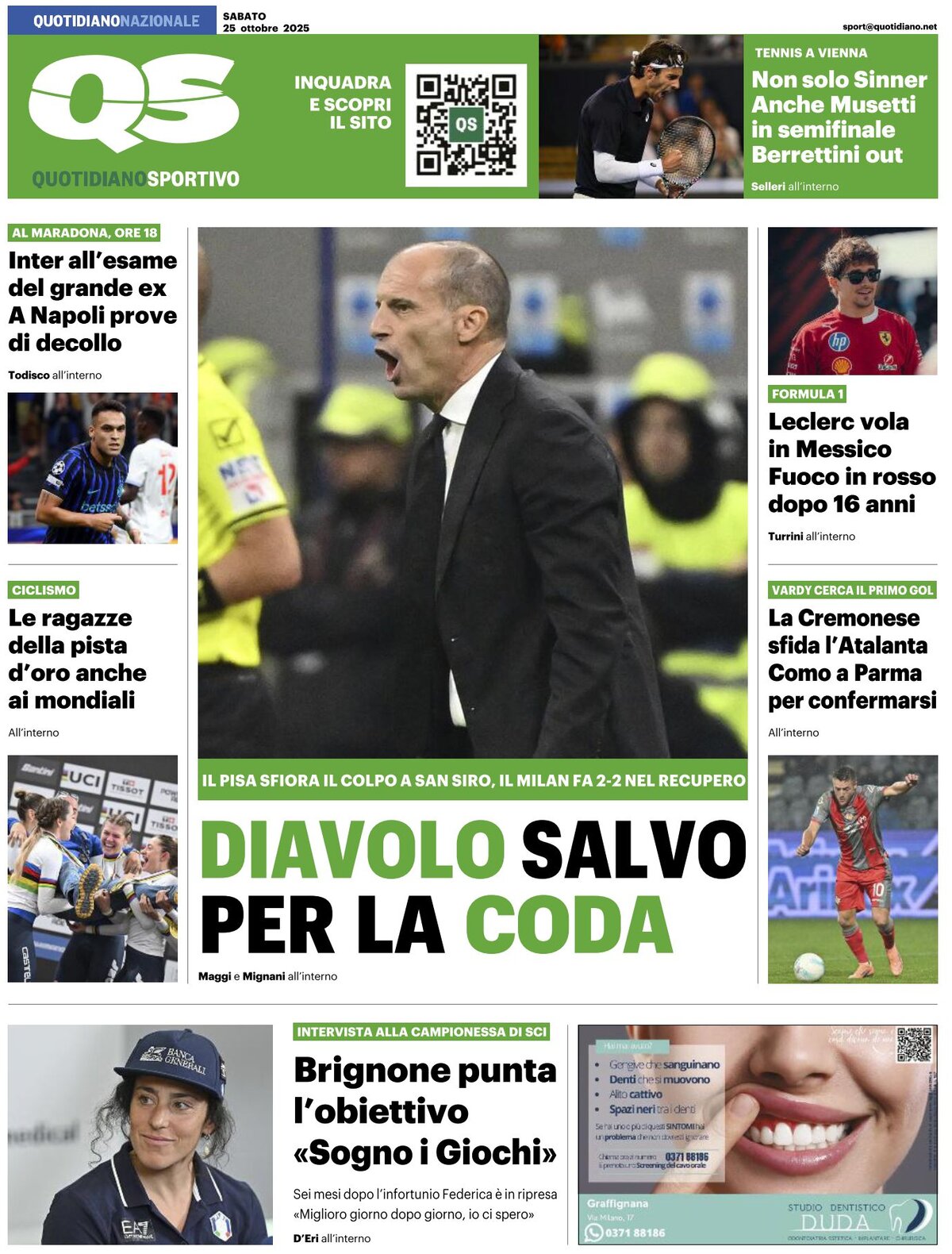 QS Quotidiano Sportivo - Front Page - 10/25/2025