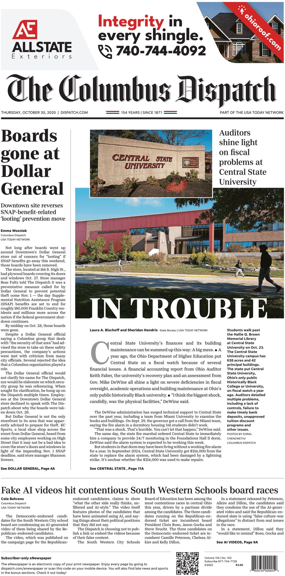 The Columbus Dispatch - Cover - 10/30/2025