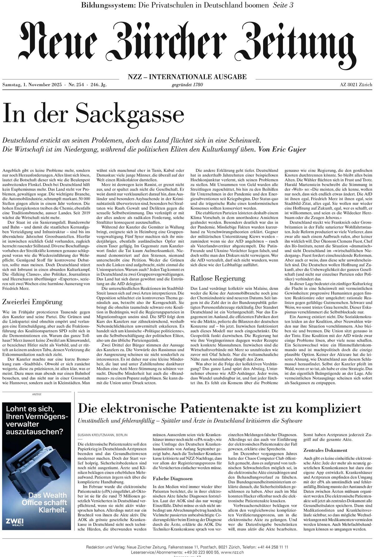 NZZ (Neue Zürcher Zeitung) - Front Page - 11/01/2025