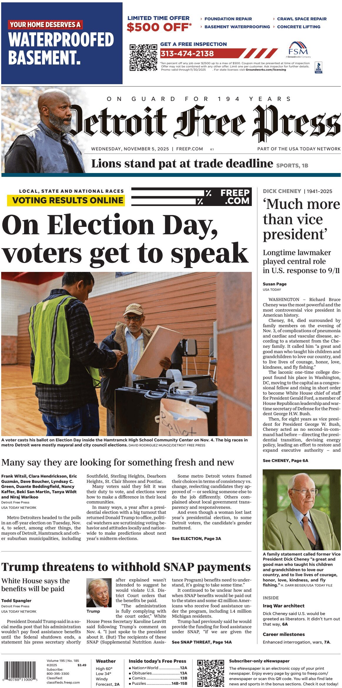 Detroit Free Press - Cover - 11/05/2025