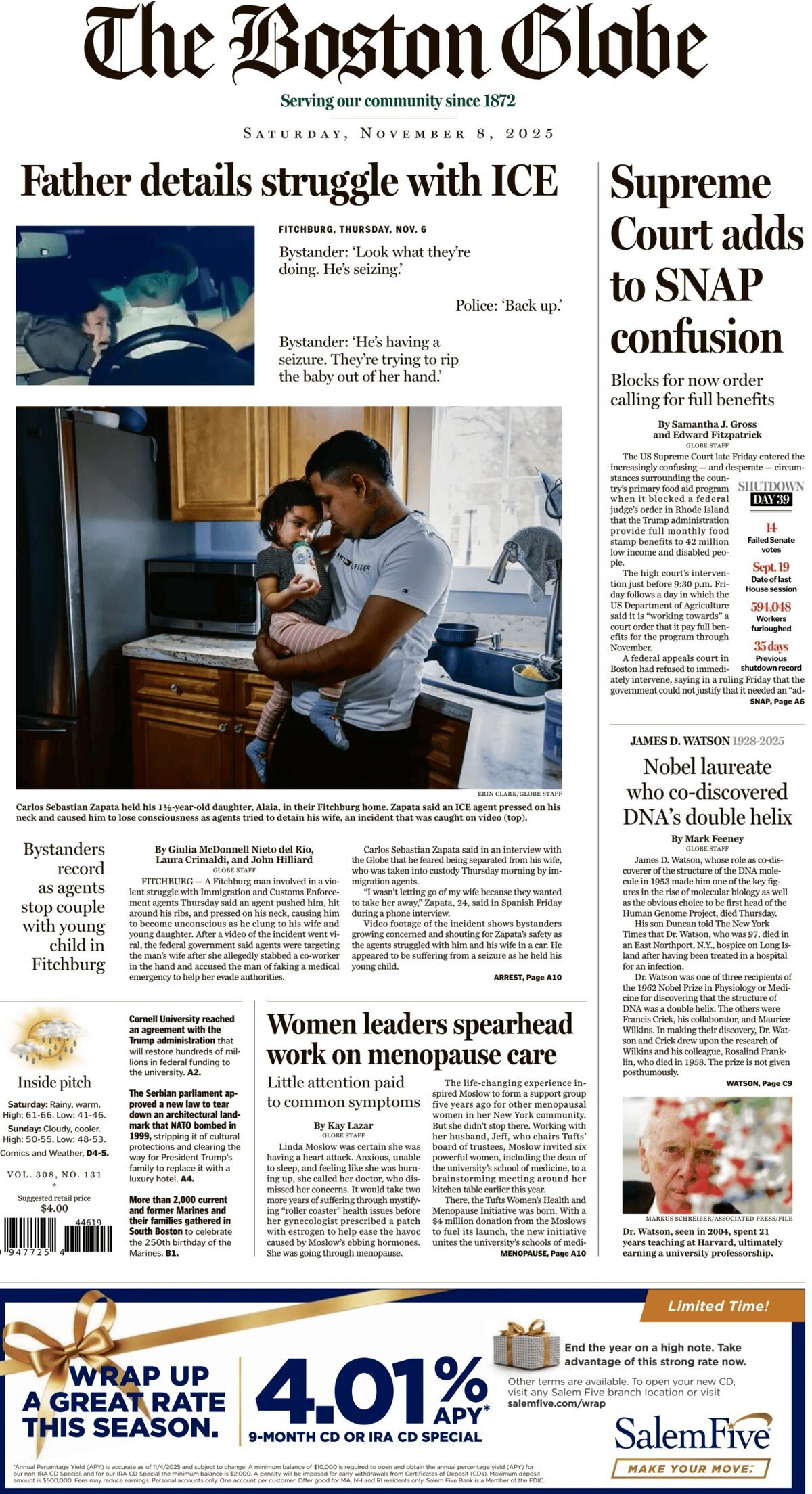 The Boston Globe - Cover - 11/08/2025