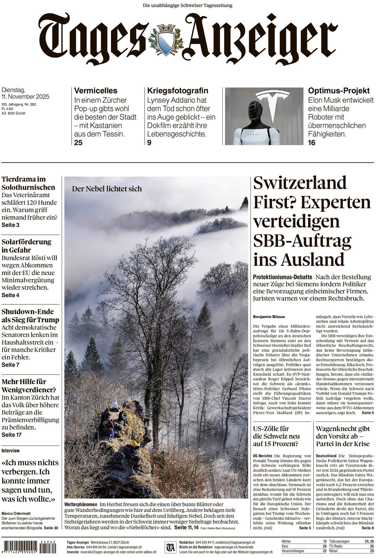 Tages-Anzeiger (Tagi TA) - Front Page - 11/11/2025