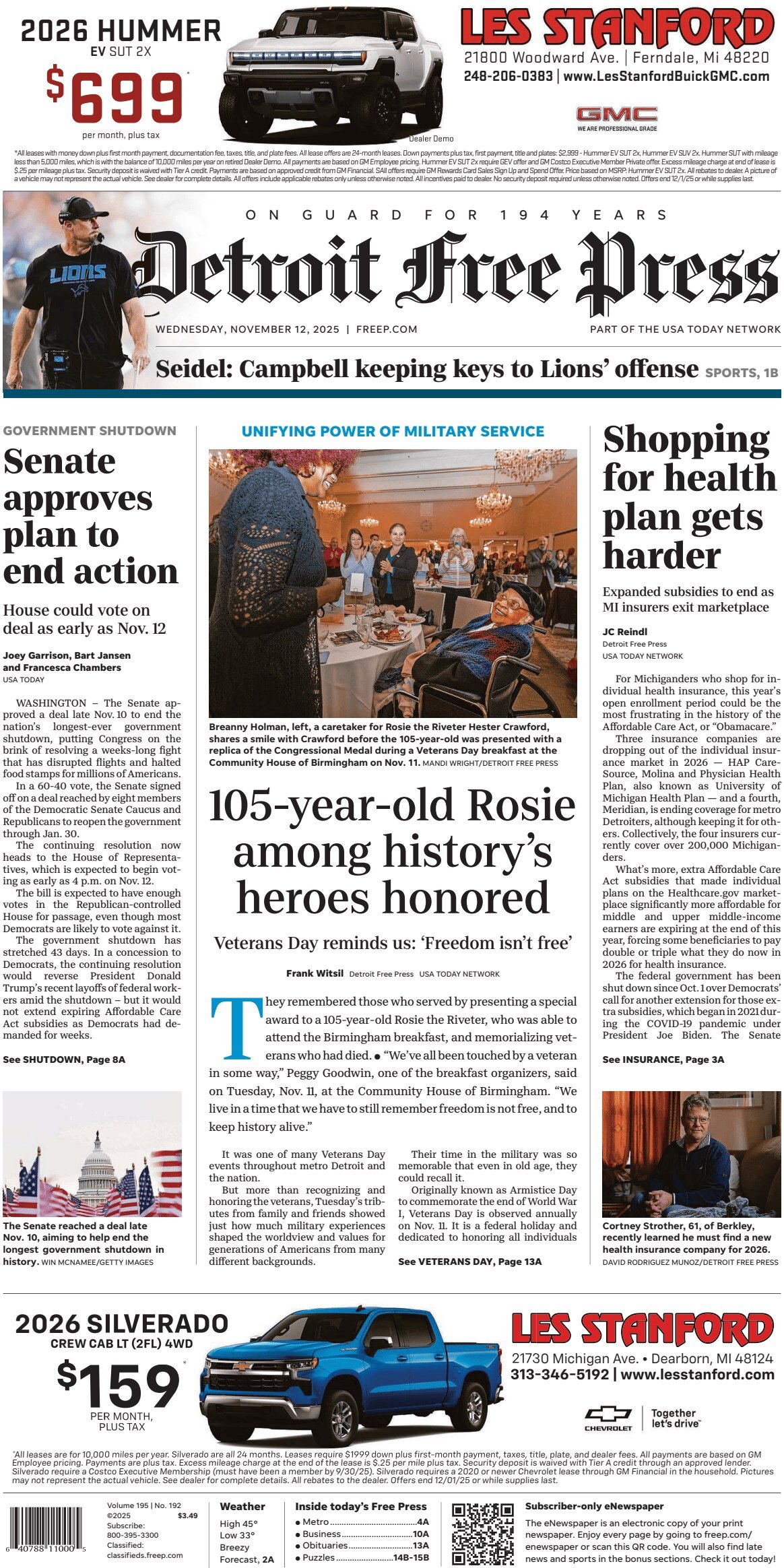 Detroit Free Press - Cover - 11/12/2025