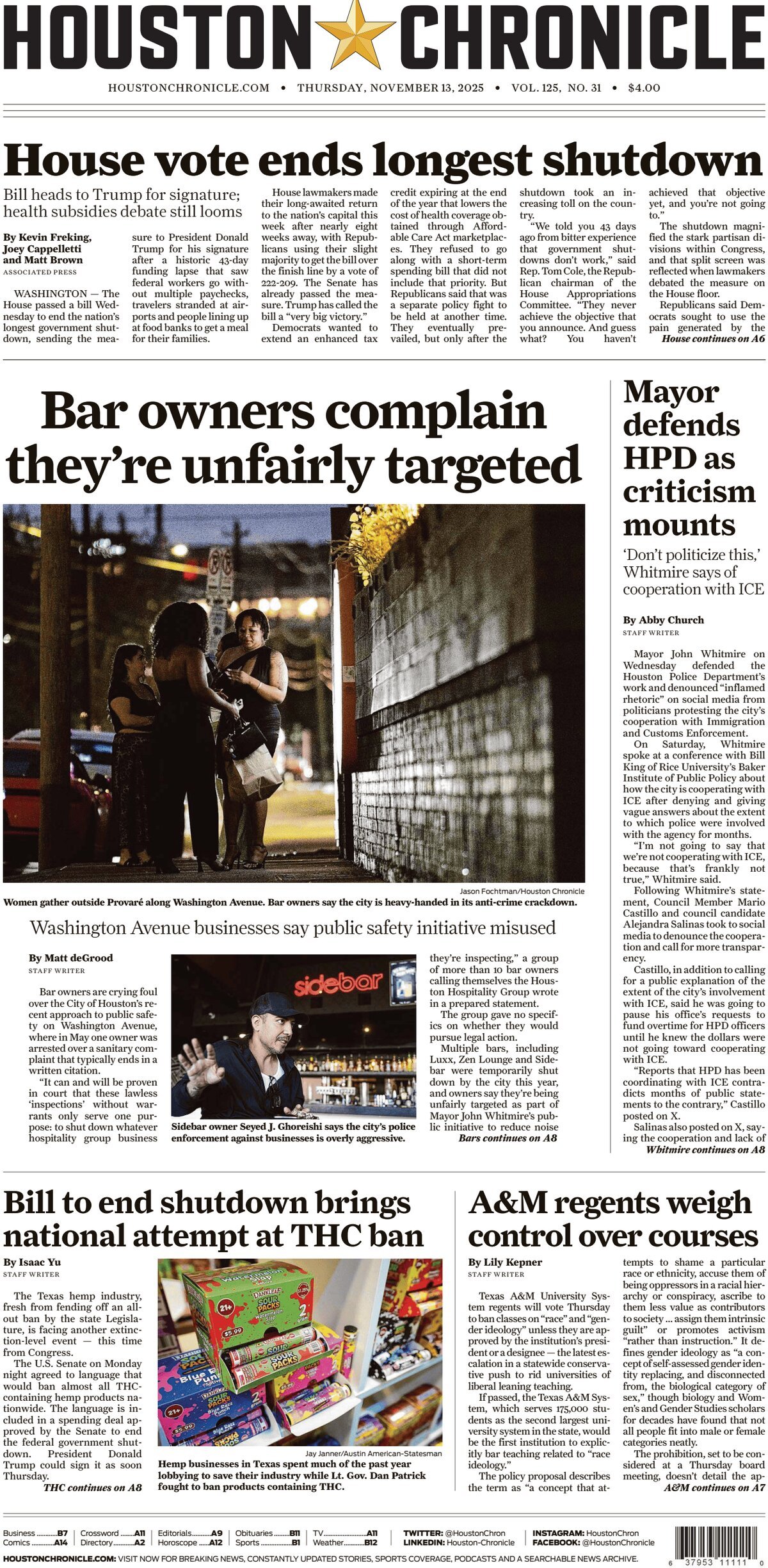 Houston Chronicle - Cover - 11/13/2025