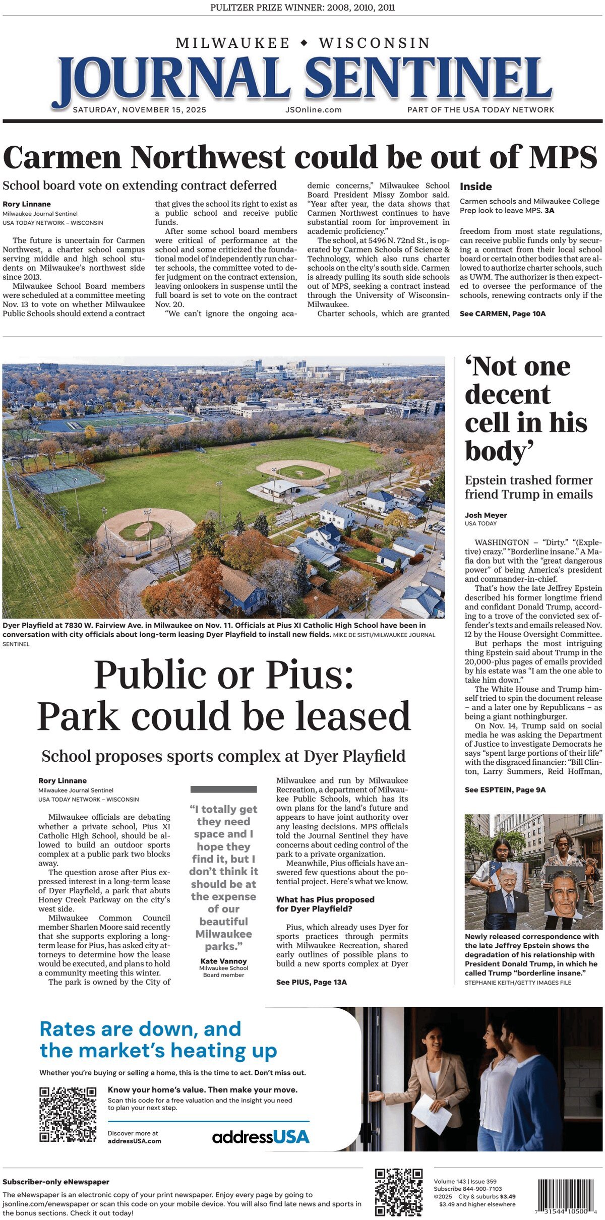 Milwaukee Journal Sentinel - Cover - 11/15/2025