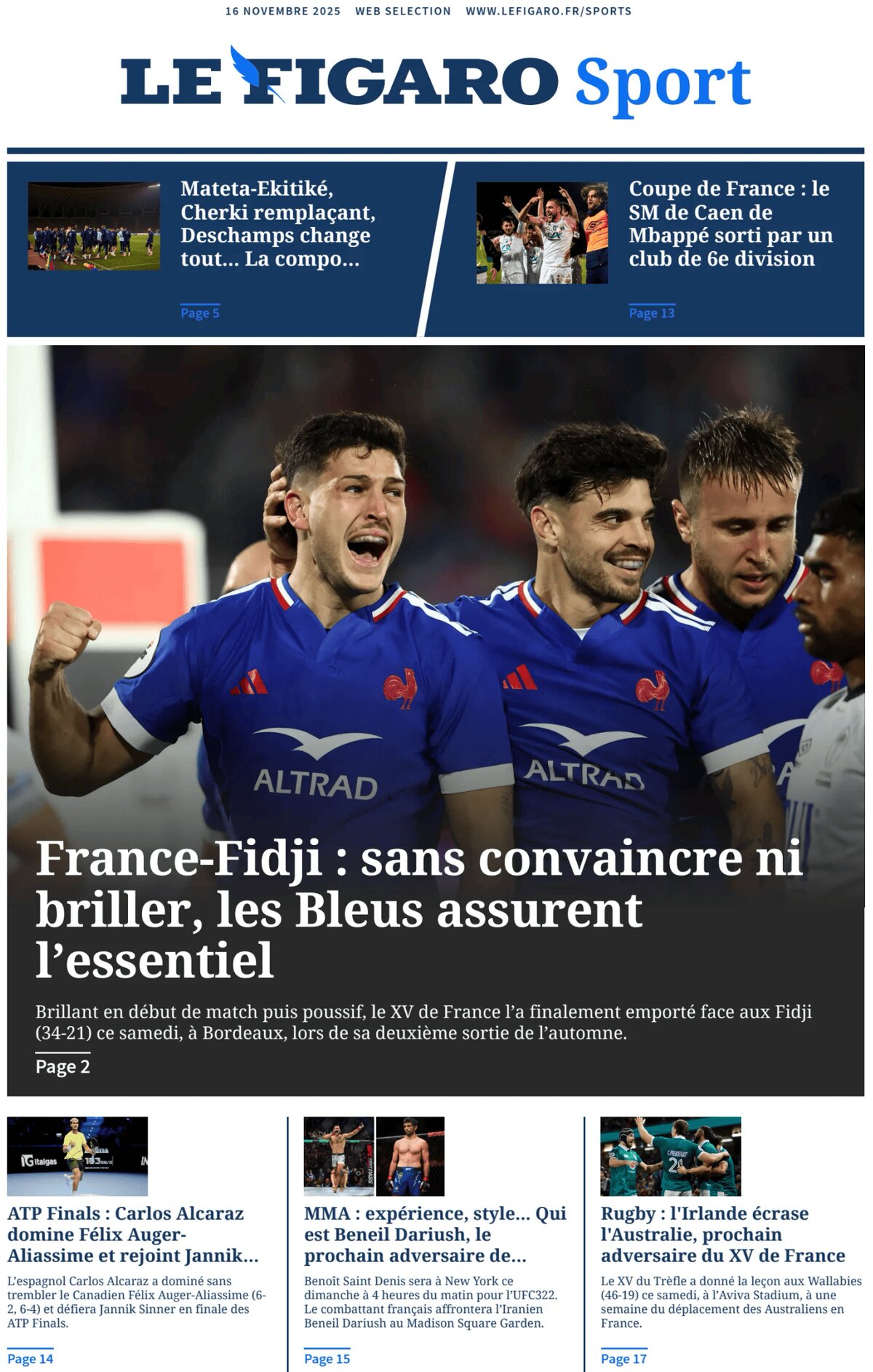 Le Figaro SPORT - Front Page - 11/16/2025