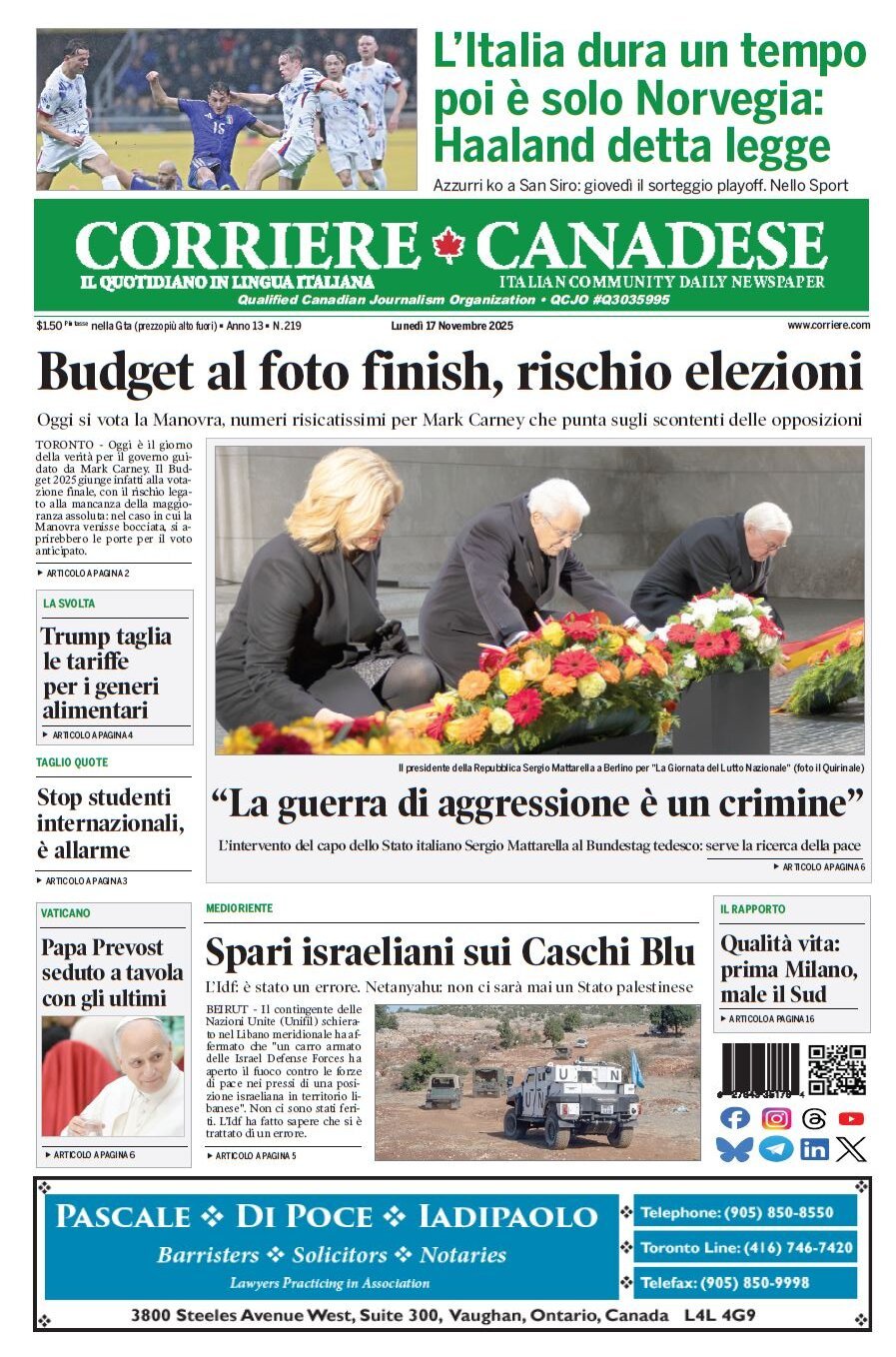 Corriere Canadese - Front Page - 11/17/2025