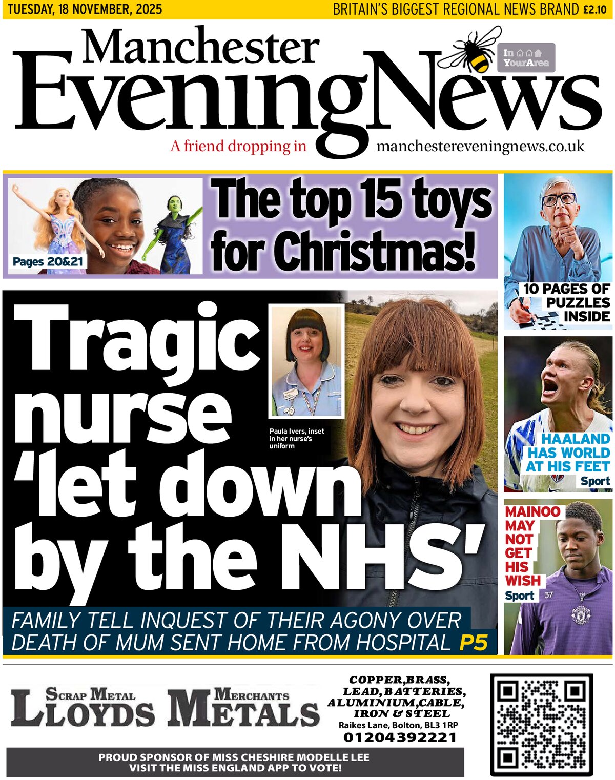 Manchester Evening News - Front Page - 11/18/2025