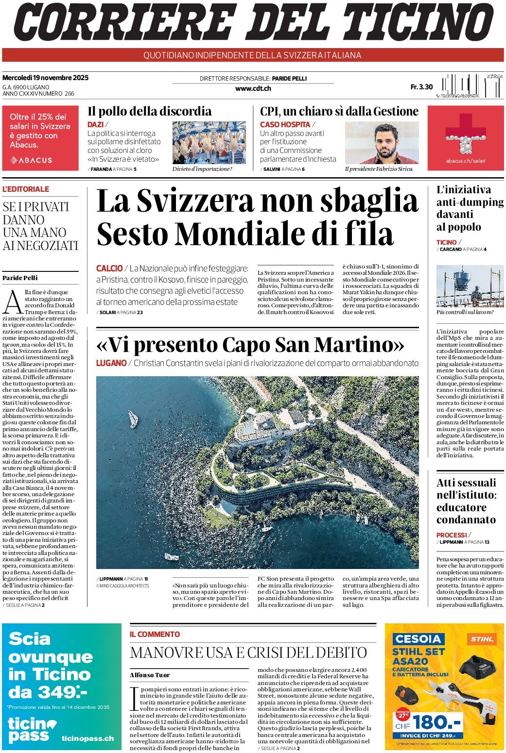 Corriere del Ticino - Front Page - 11/19/2025