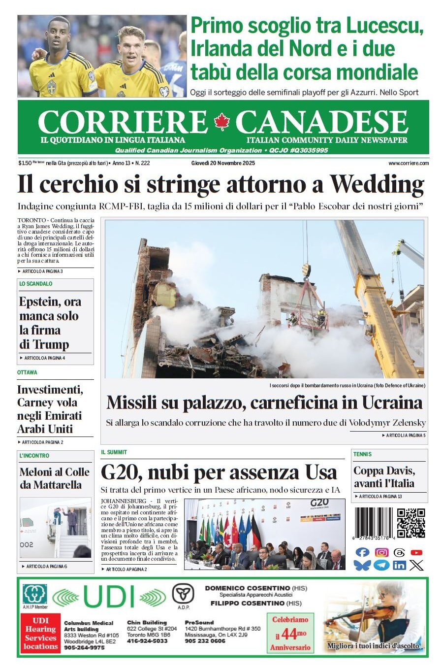 Corriere Canadese - Front Page - 11/20/2025