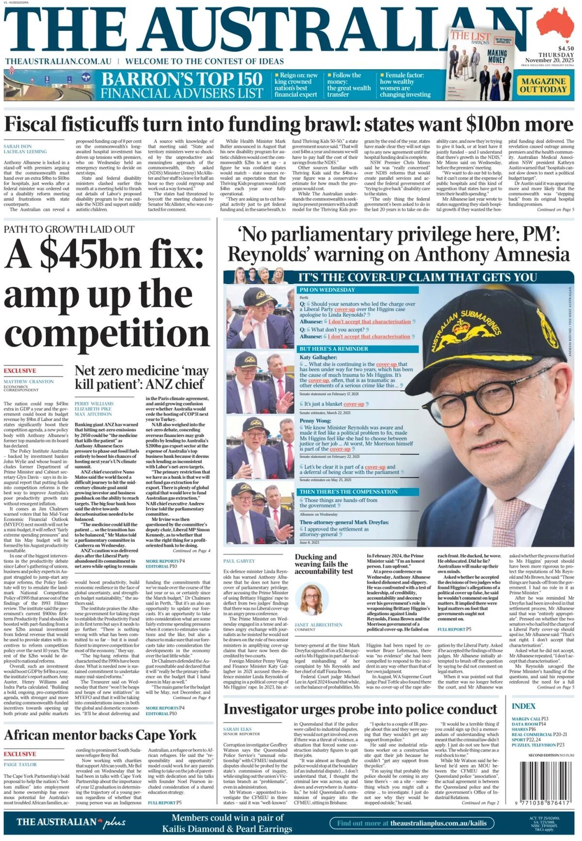The Australian - Front Page - 11/20/2025