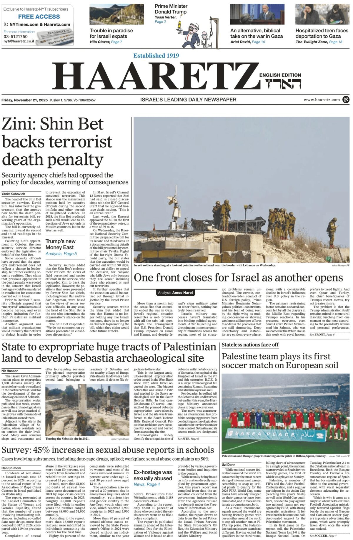 Haaretz - Front Page - 11/21/2025