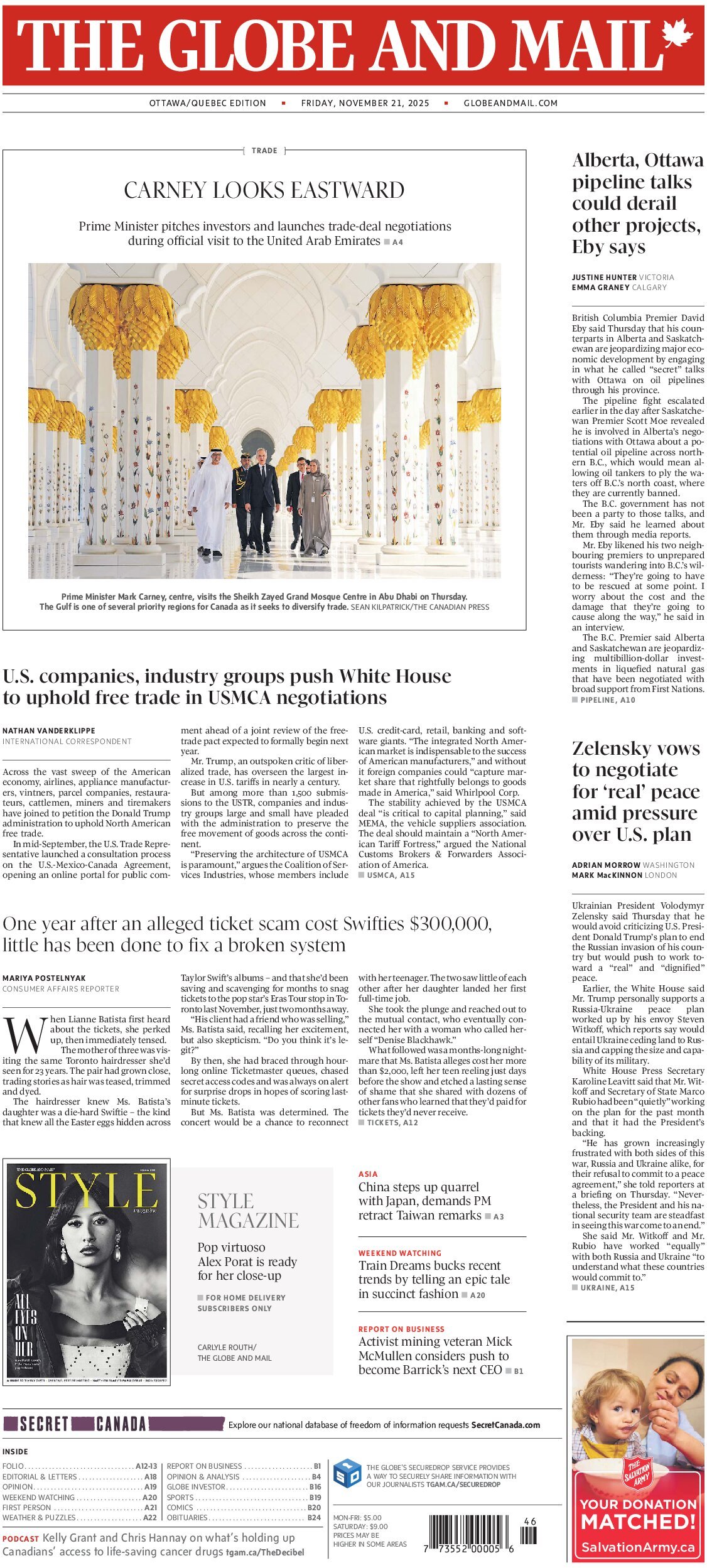 The Globe and Mail - Front Page - 11/21/2025