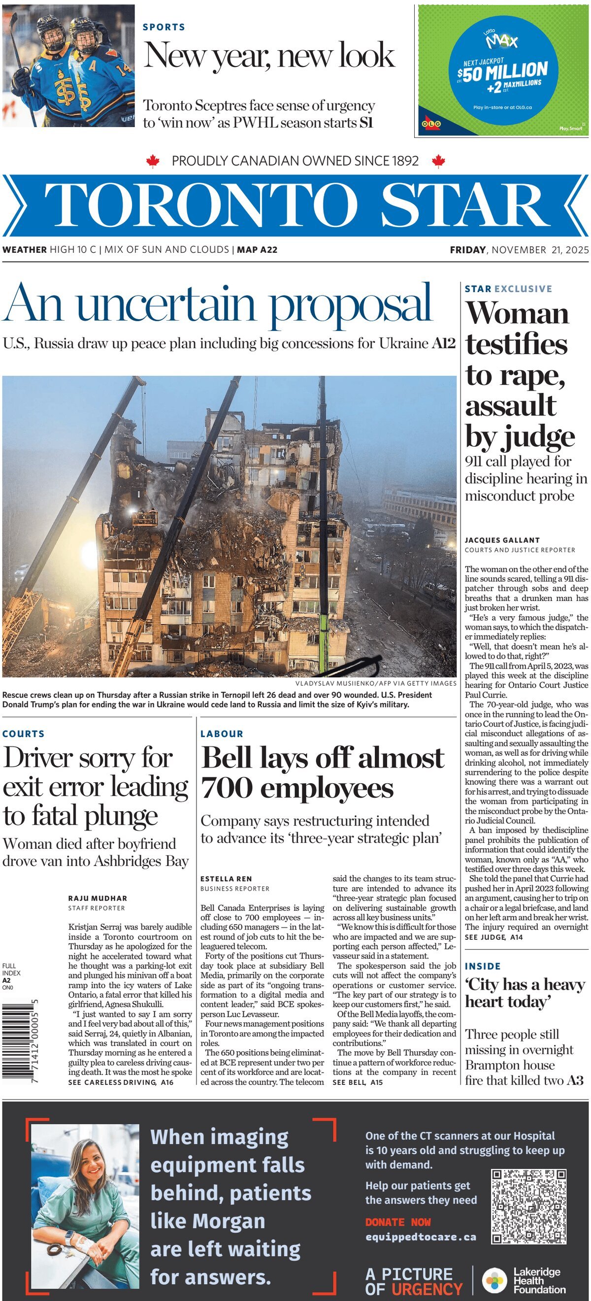 Toronto Star - Front Page - 11/21/2025