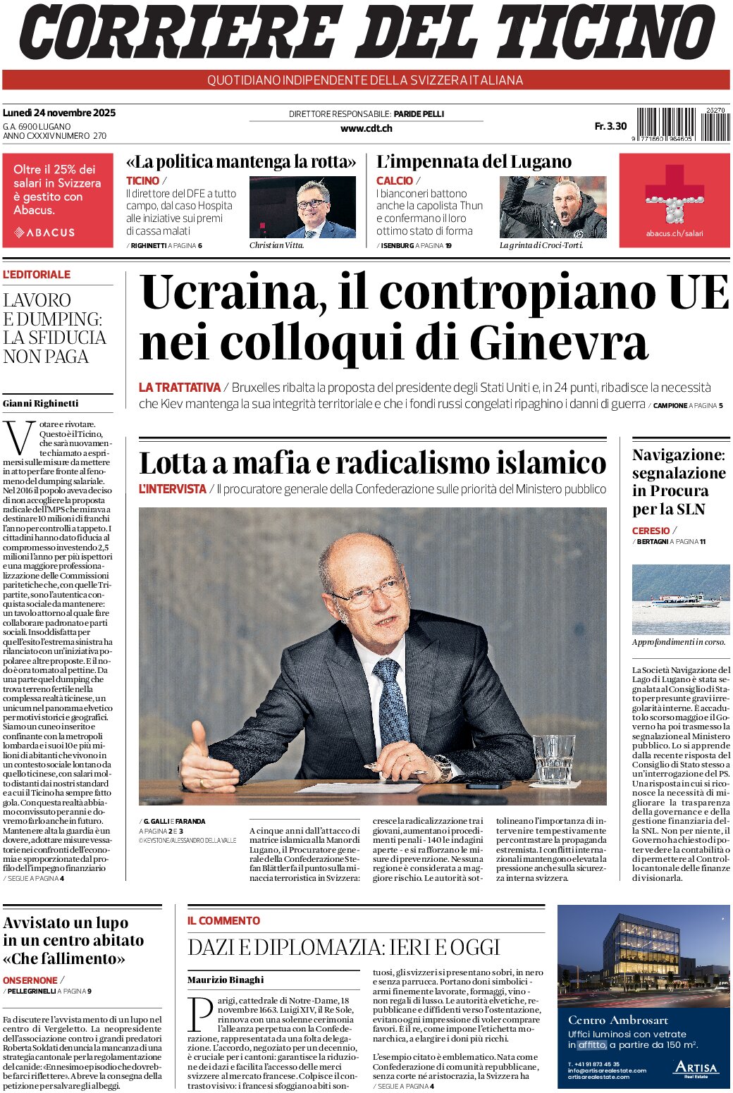 Corriere del Ticino - Front Page - 11/24/2025