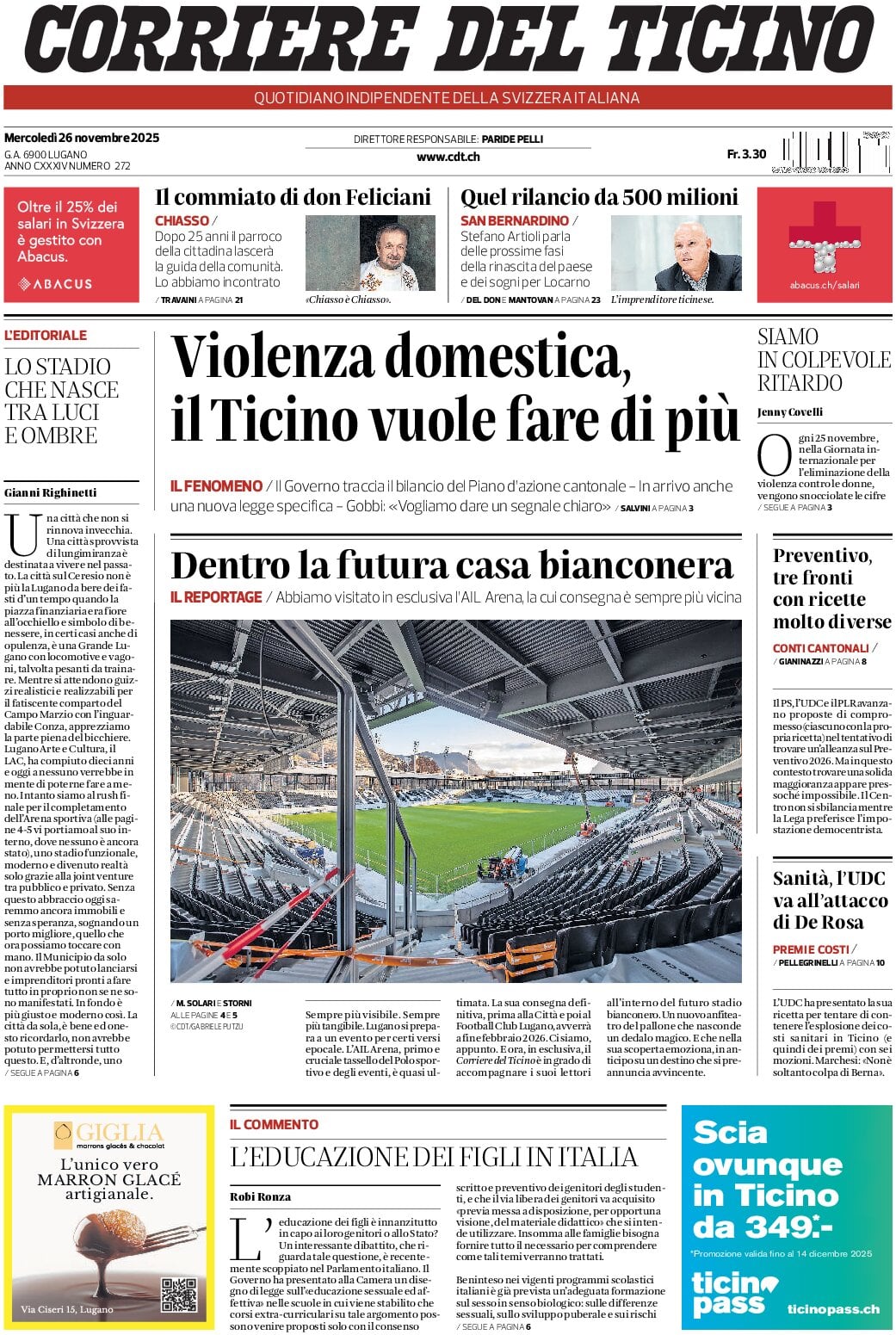 Corriere del Ticino - Front Page - 11/26/2025