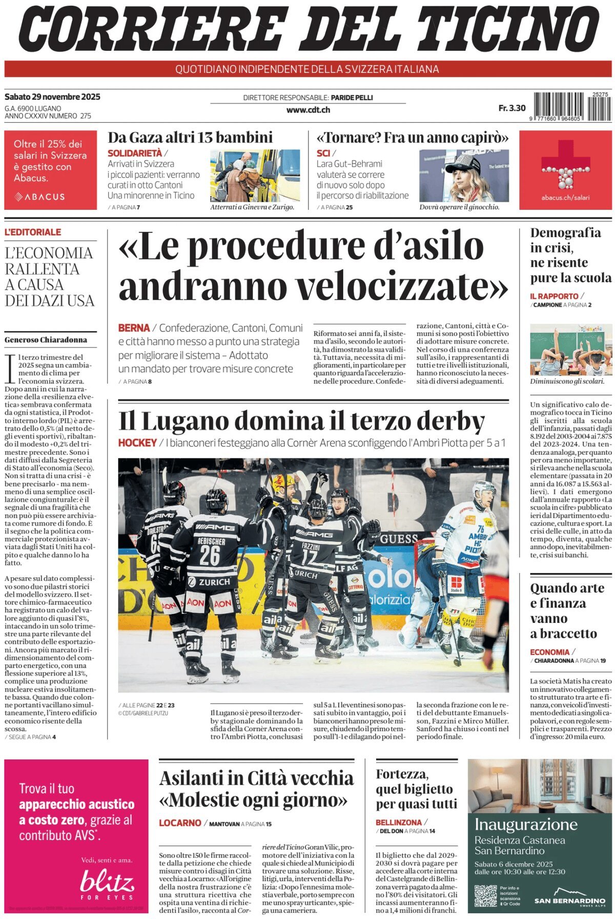 Corriere del Ticino - Front Page - 11/29/2025