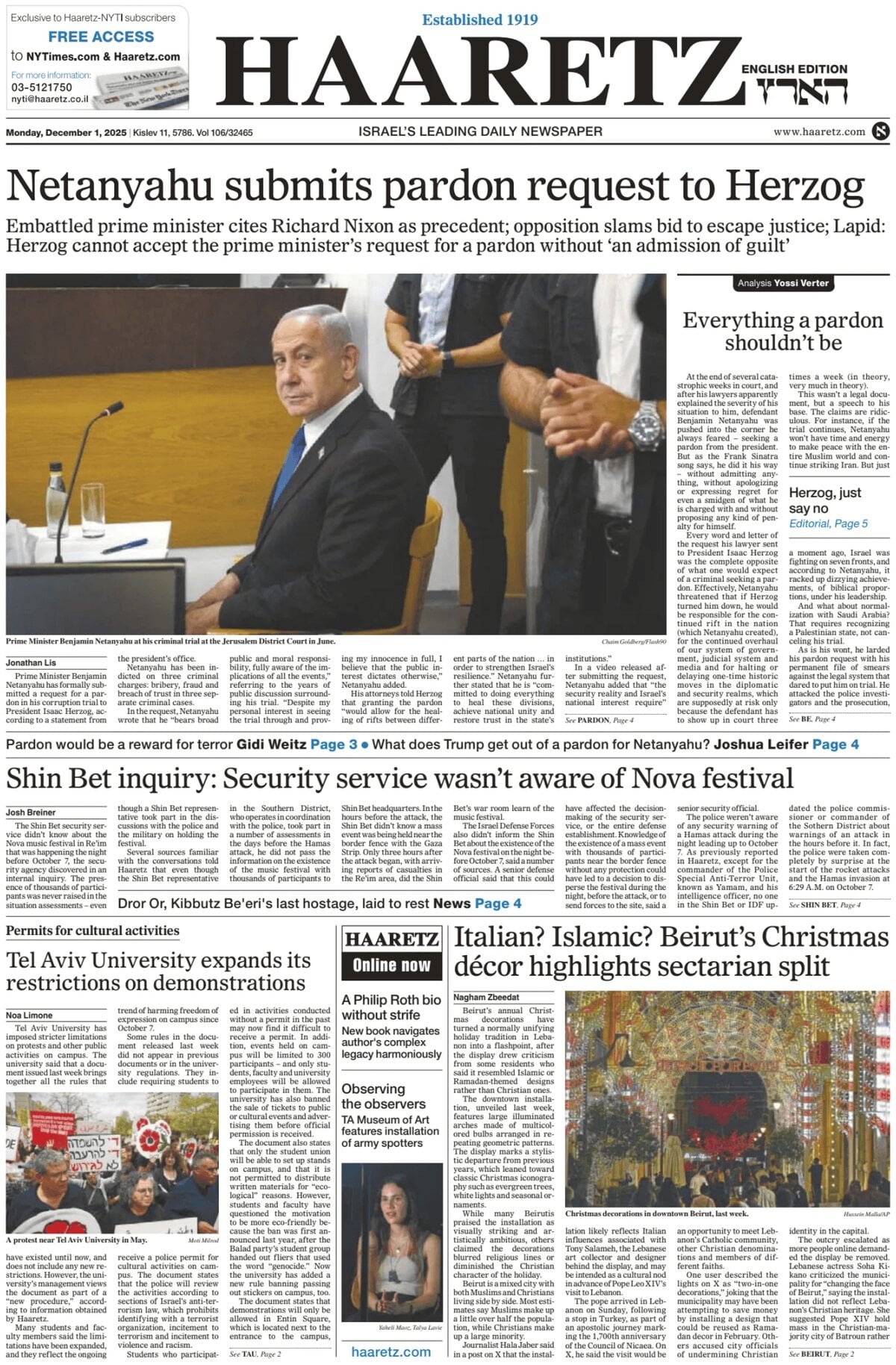 Haaretz - Front Page - 12/01/2025