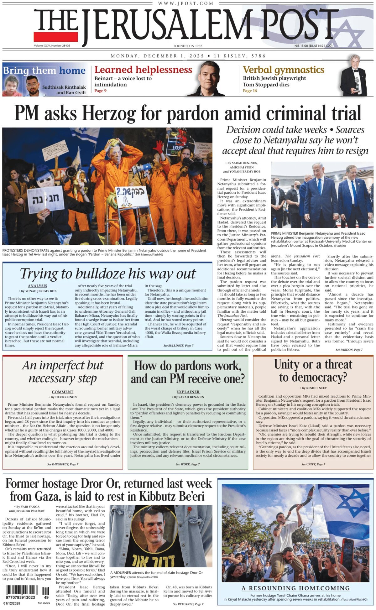 The Jerusalem Post - Front Page - 12/01/2025