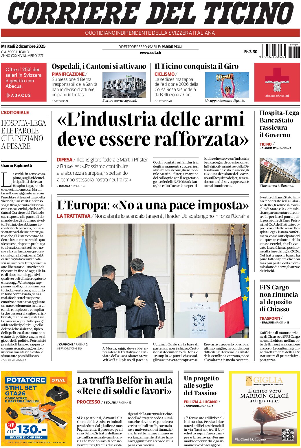 Corriere del Ticino - Front Page - 12/02/2025