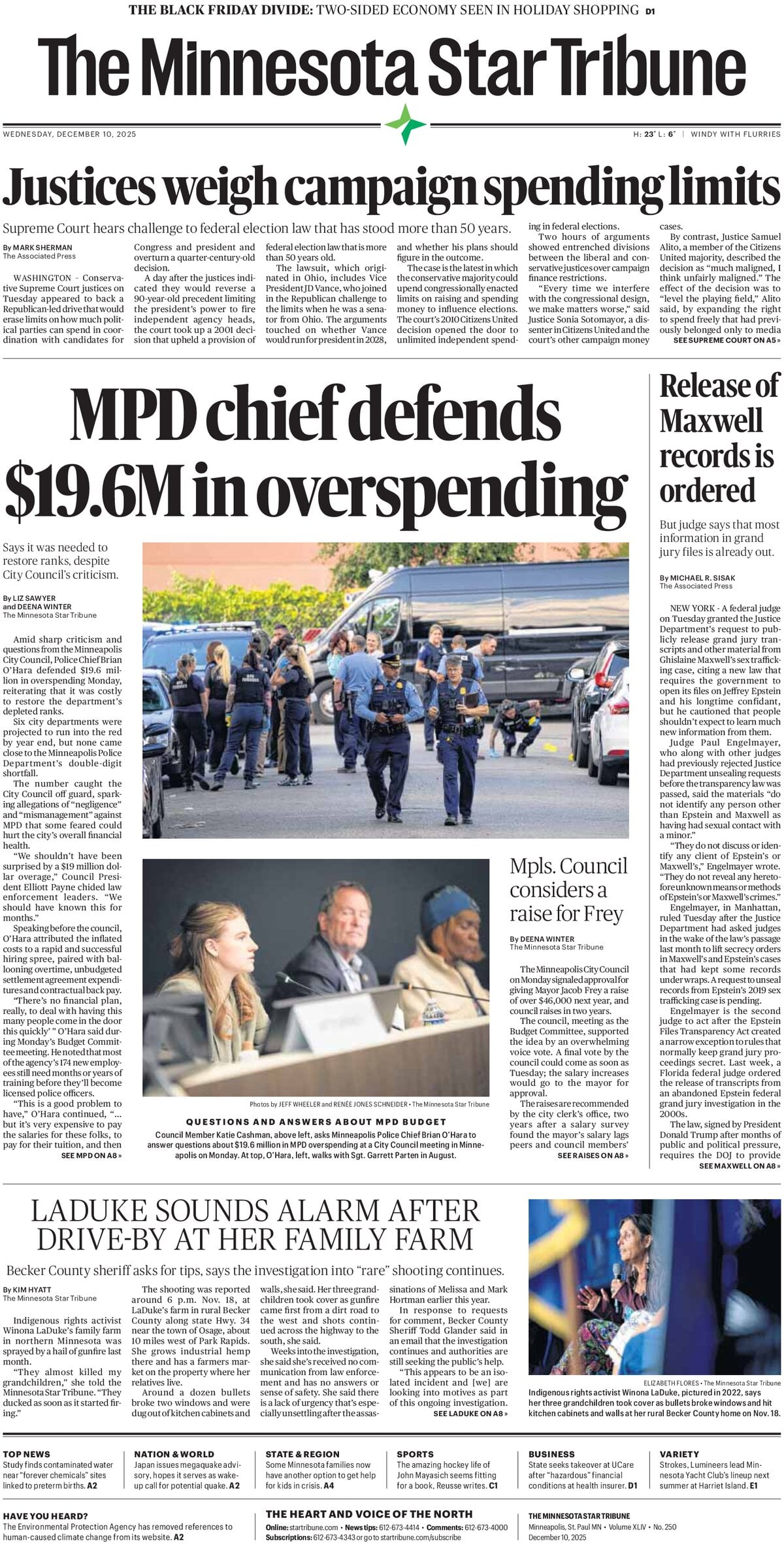 The Minnesota Star Tribune - Cover - 12/10/2025