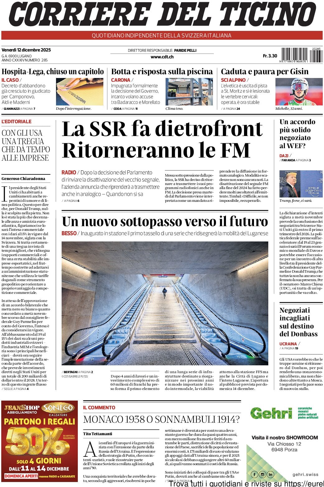 Corriere del Ticino - Front Page - 12/12/2025