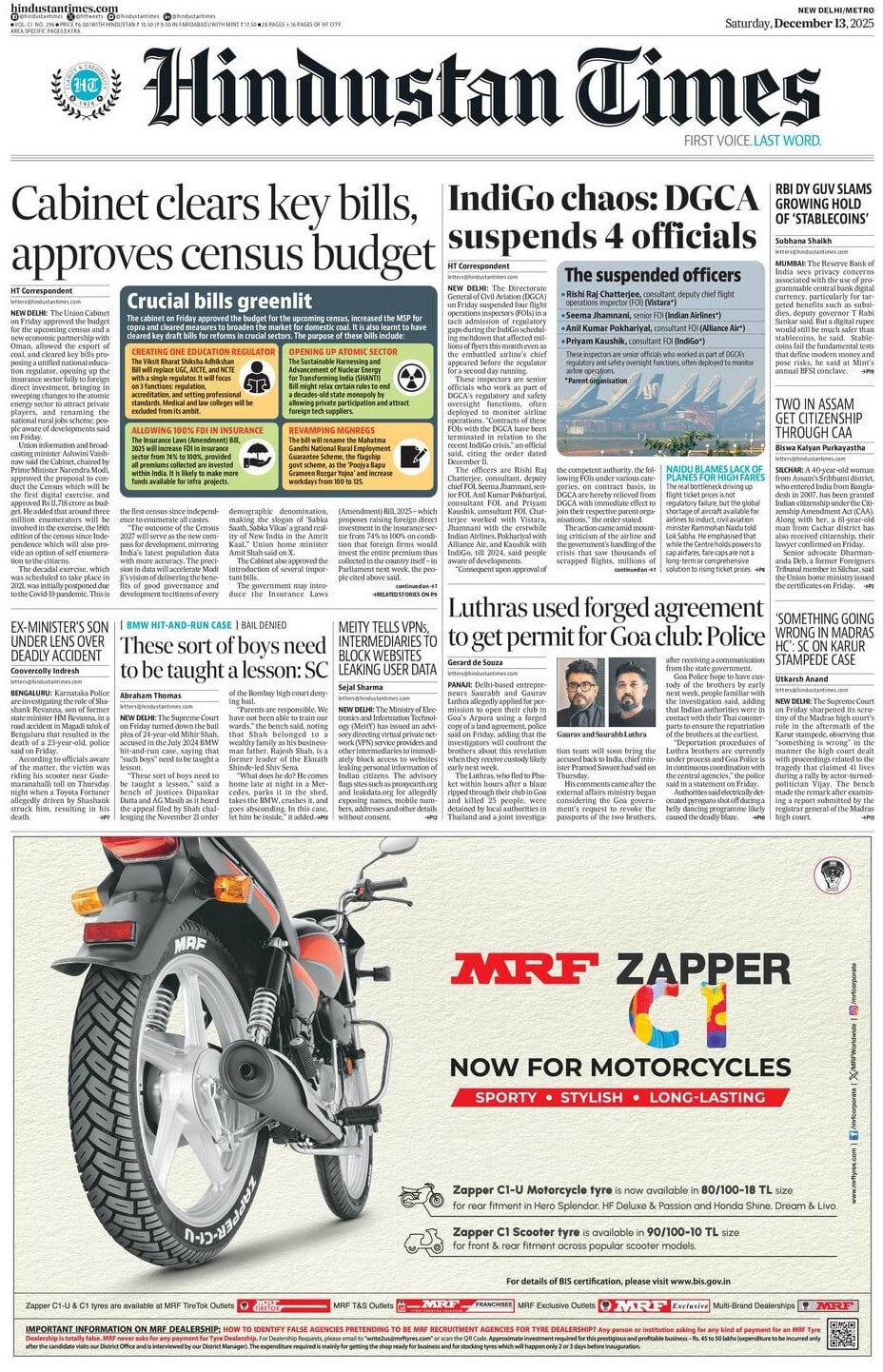 Hindustan Times - Front Page - 12/13/2025