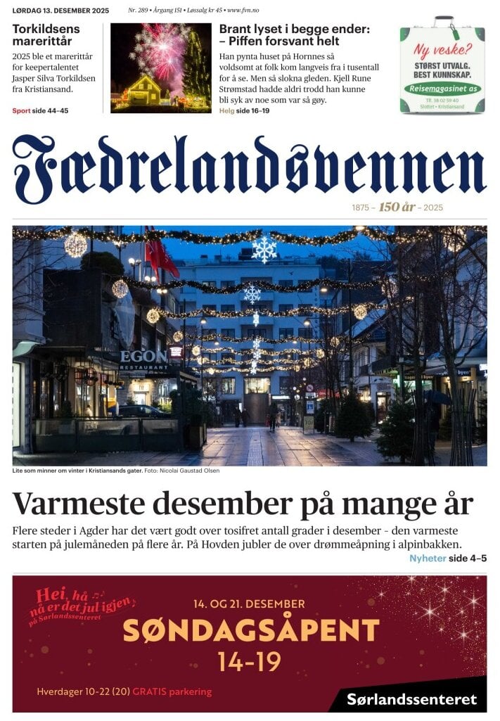 Fædrelandsvennen - Front Page - 12/13/2025