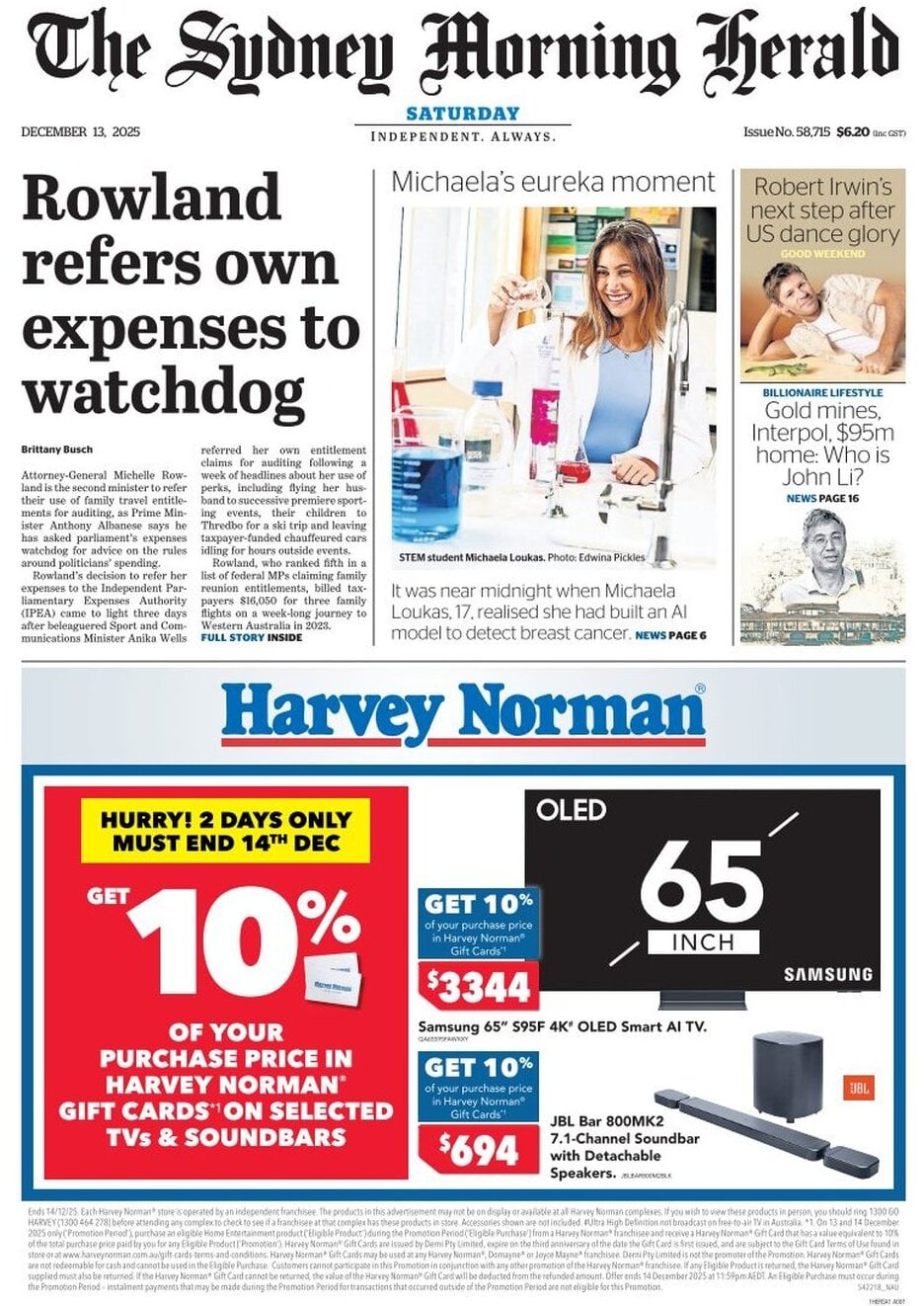 The Sydney Morning Herald - Front Page - 12/13/2025