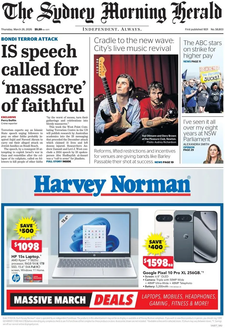 Front Page The Sydney Morning Herald 26/03/2026