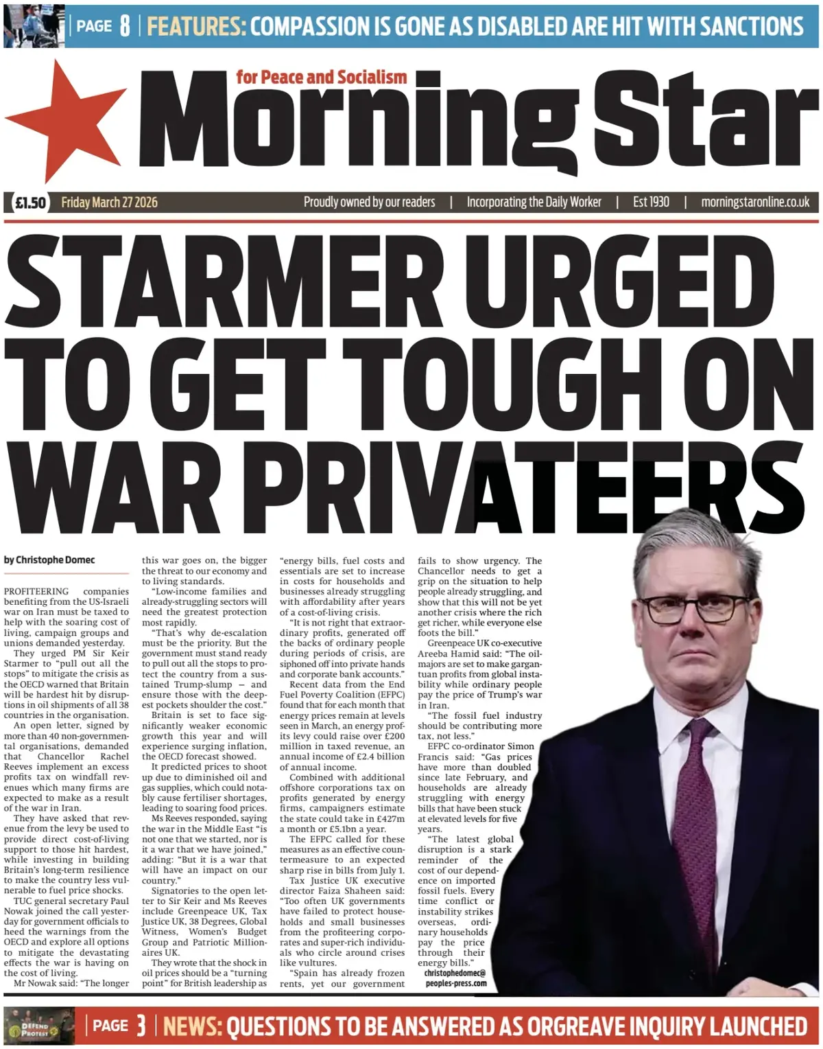 Front Page Morning Star 27/03/2026