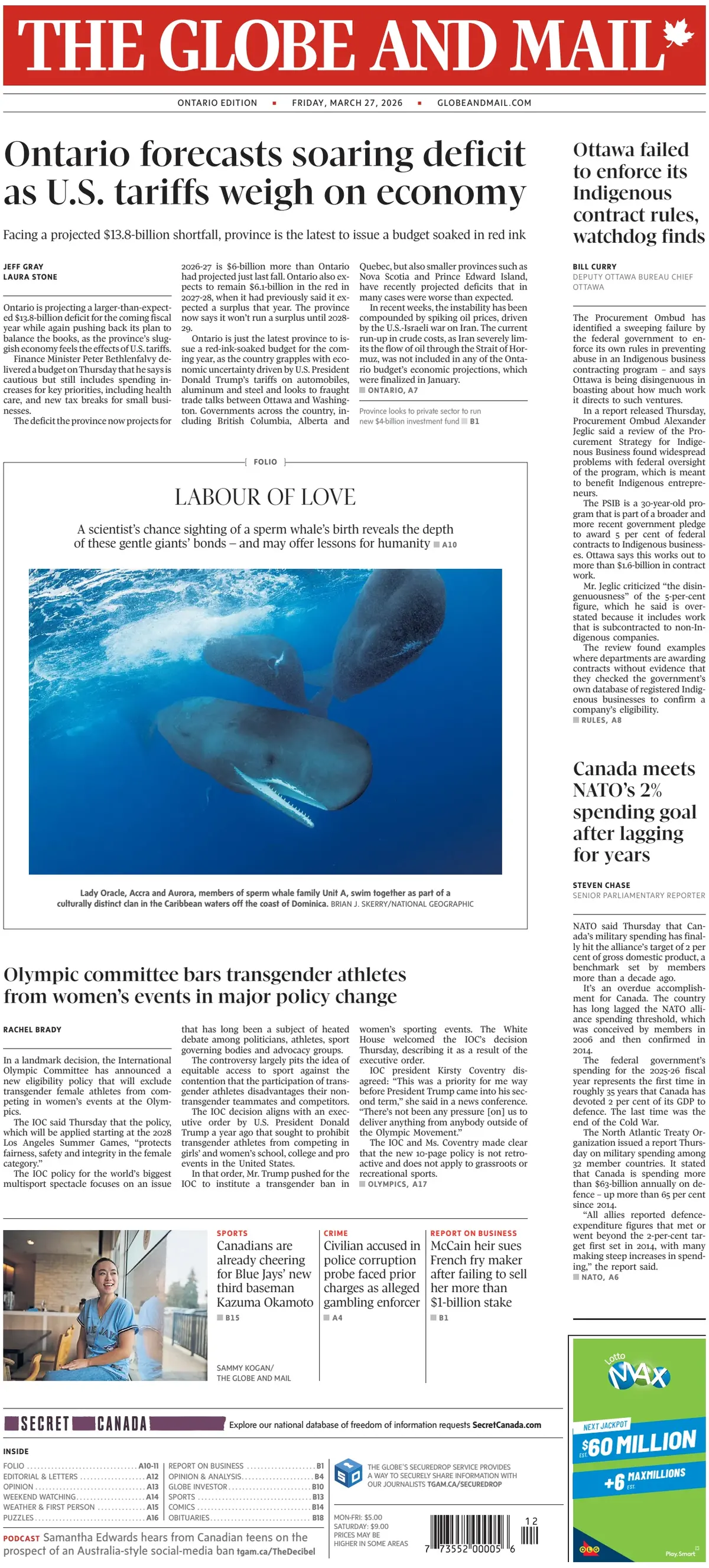 Front Page The Globe and Mail 27/03/2026