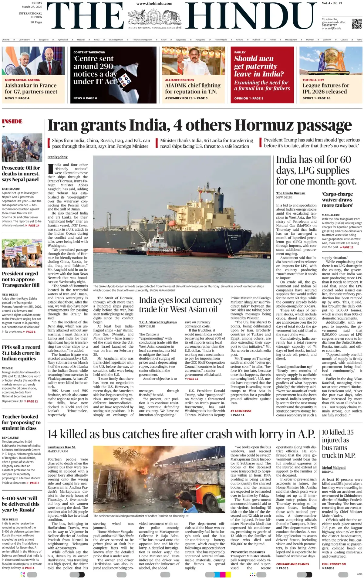 Front Page The Hindu 27/03/2026