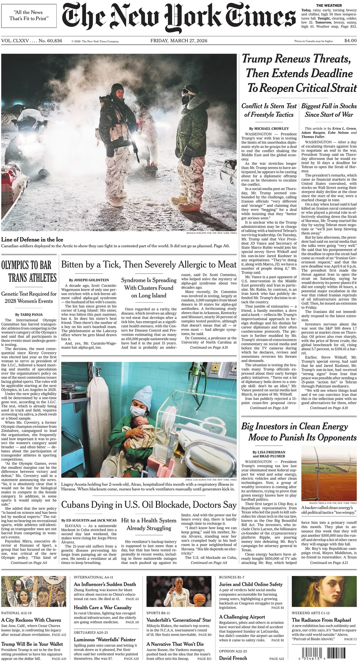 Cover The New York Times 27/03/2026