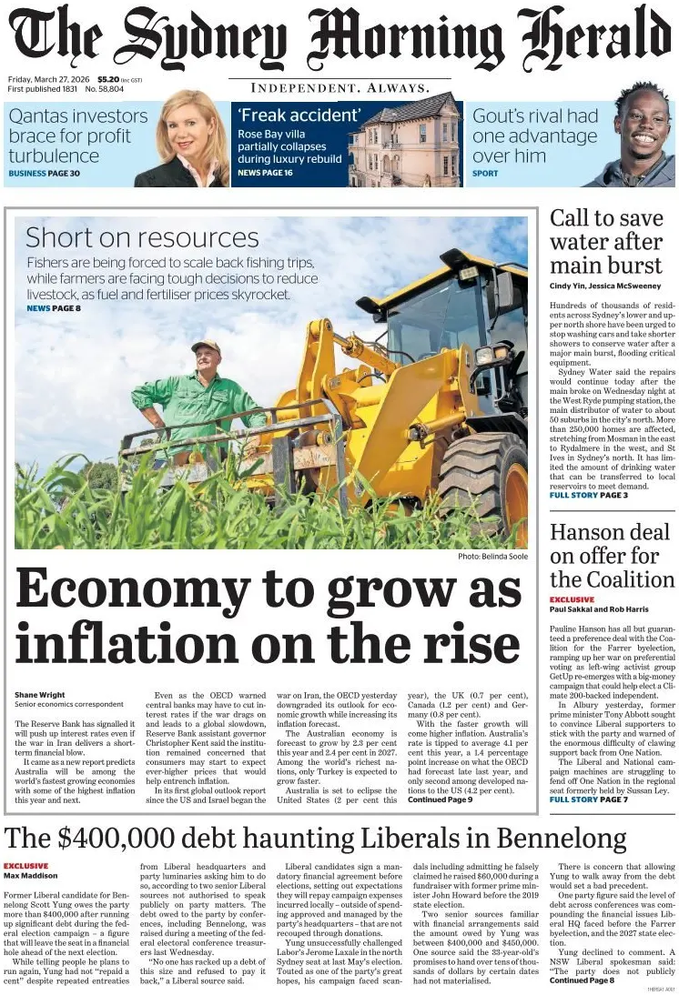 Front Page The Sydney Morning Herald 27/03/2026