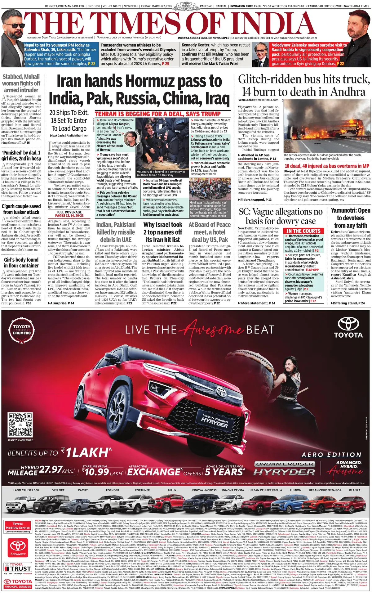 Front Page The Times of India 27/03/2026