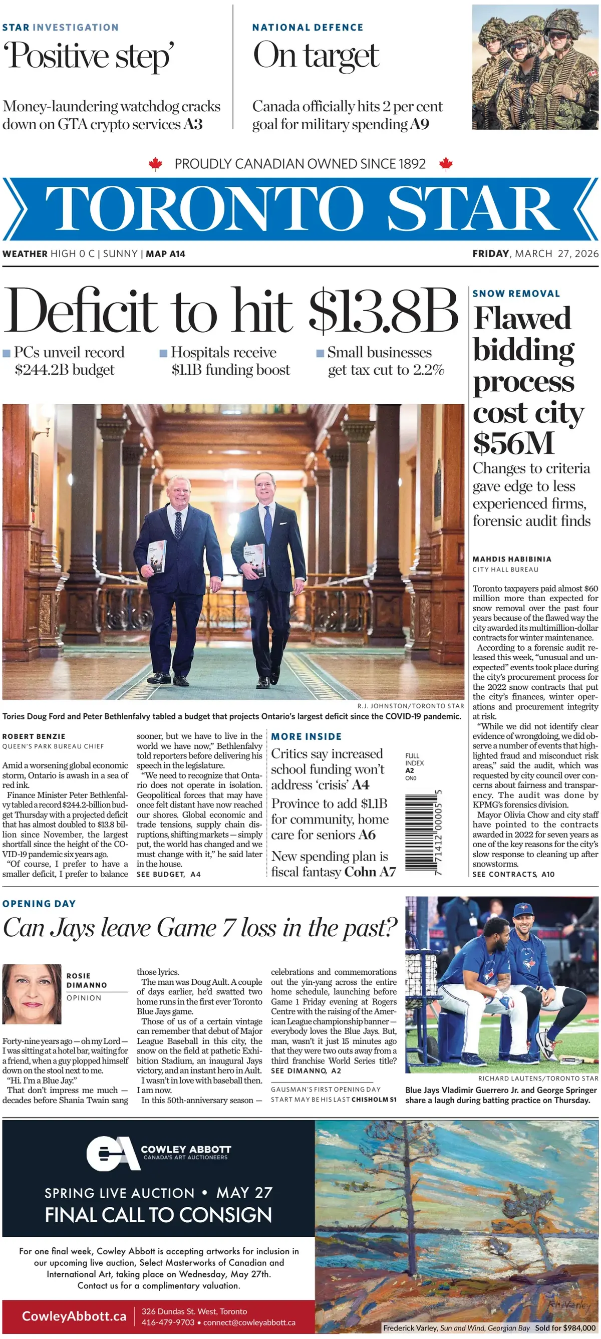 Front Page Toronto Star 27/03/2026