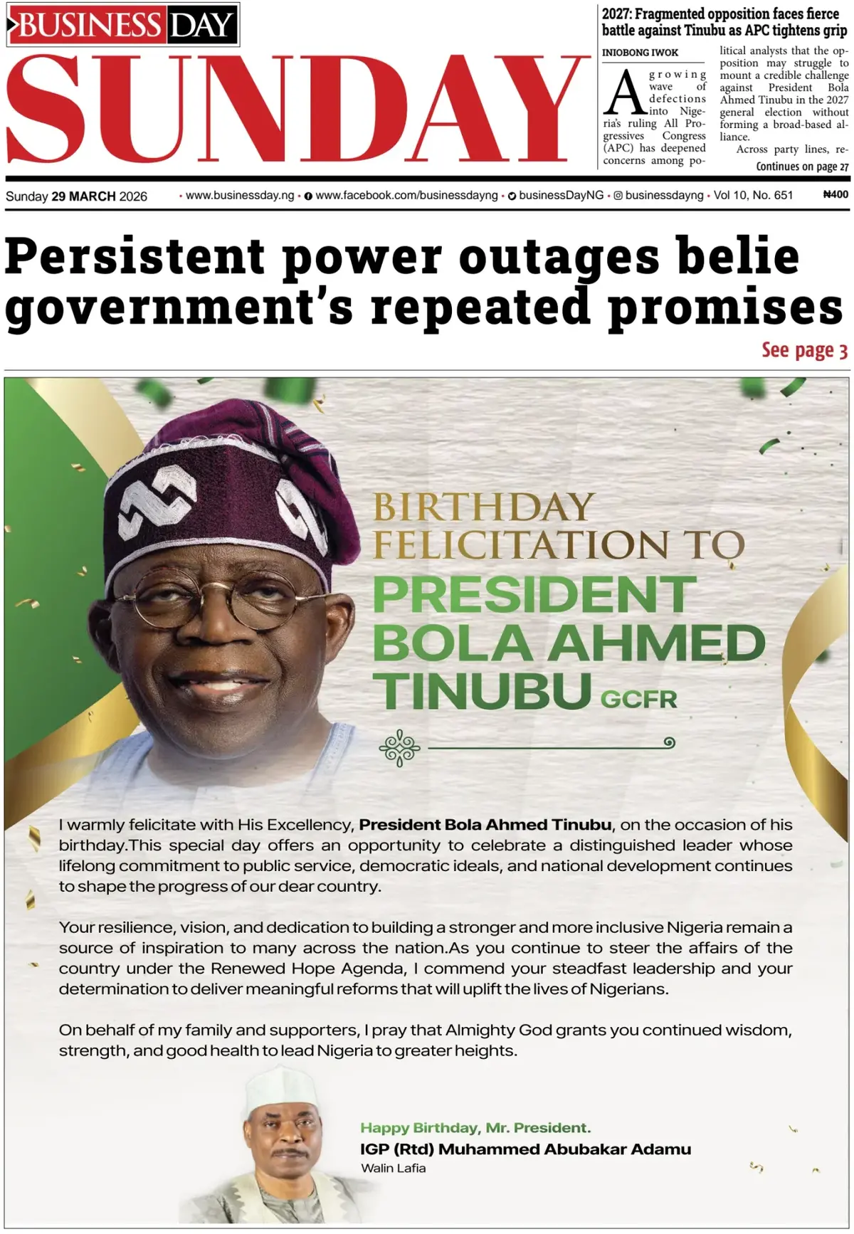 Front Page BusinessDay 29/03/2026