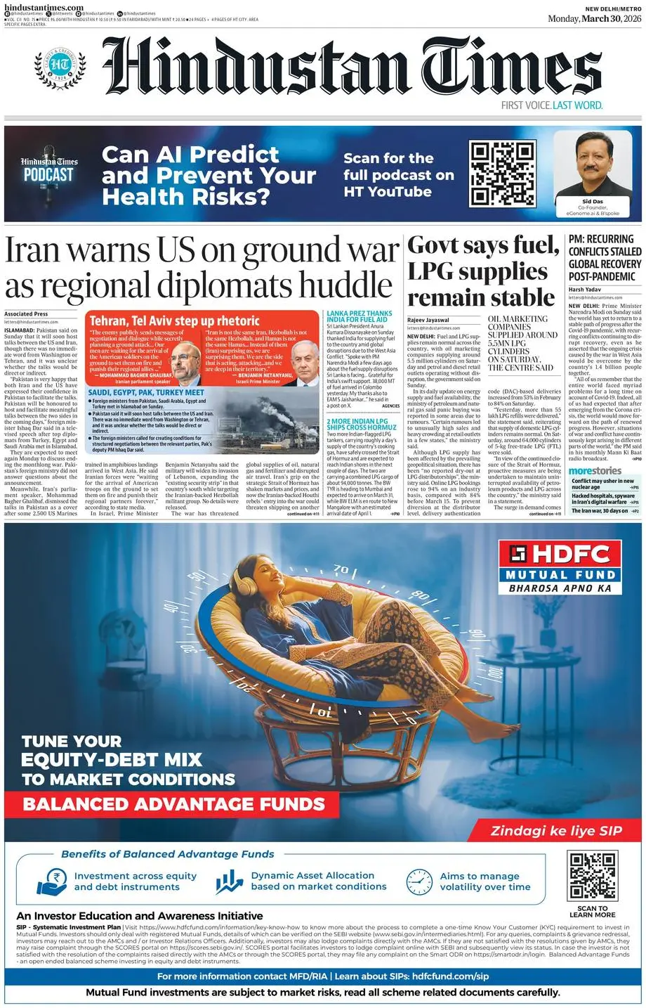 Front Page Hindustan Times 30/03/2026
