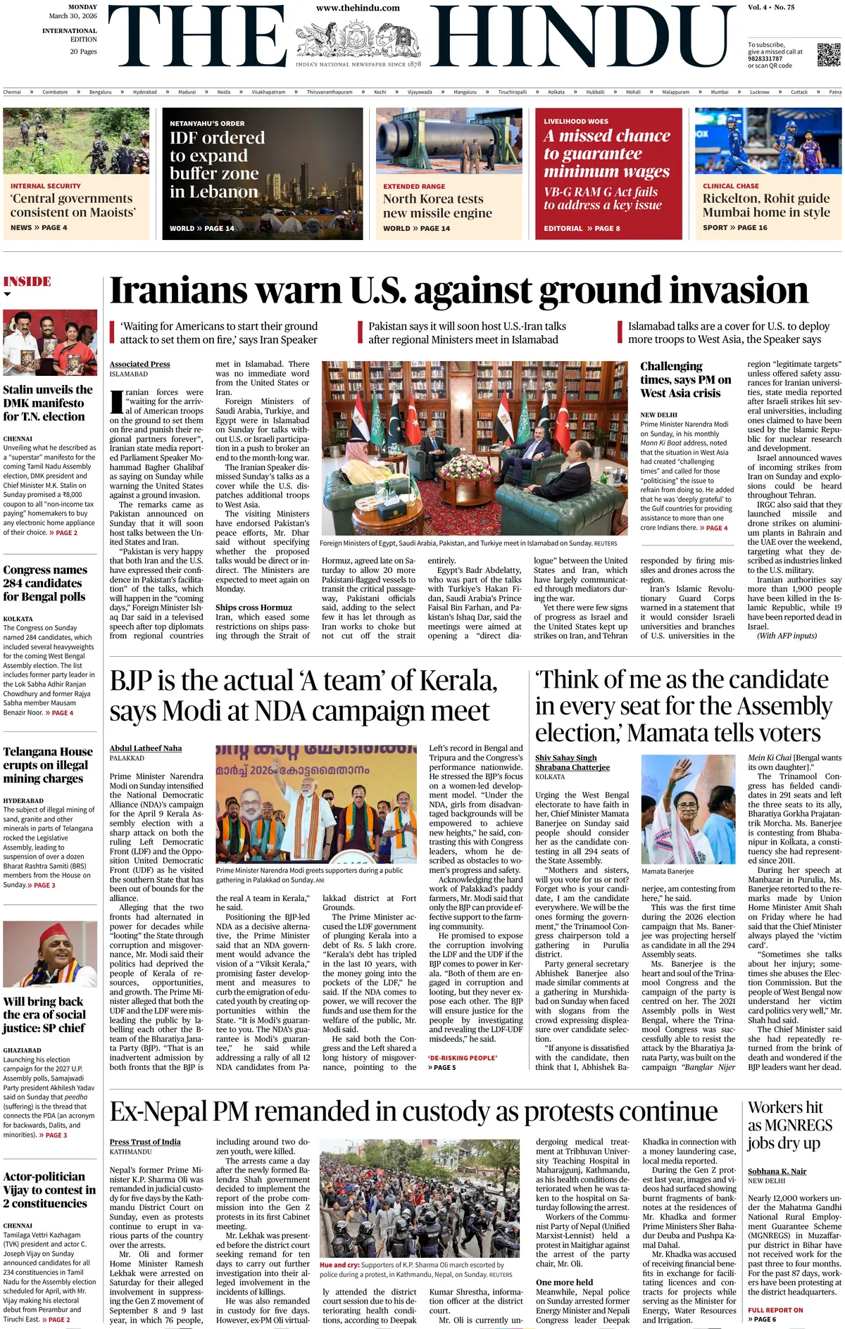 Front Page The Hindu 30/03/2026