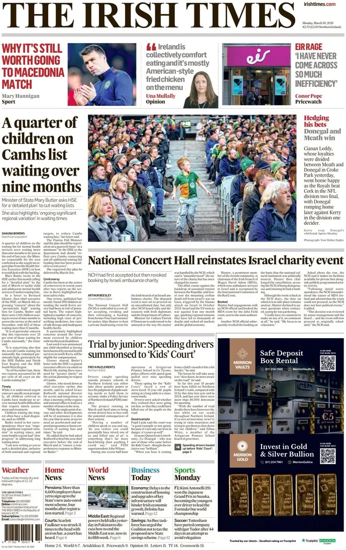 Front Page The Irish Times 30/03/2026