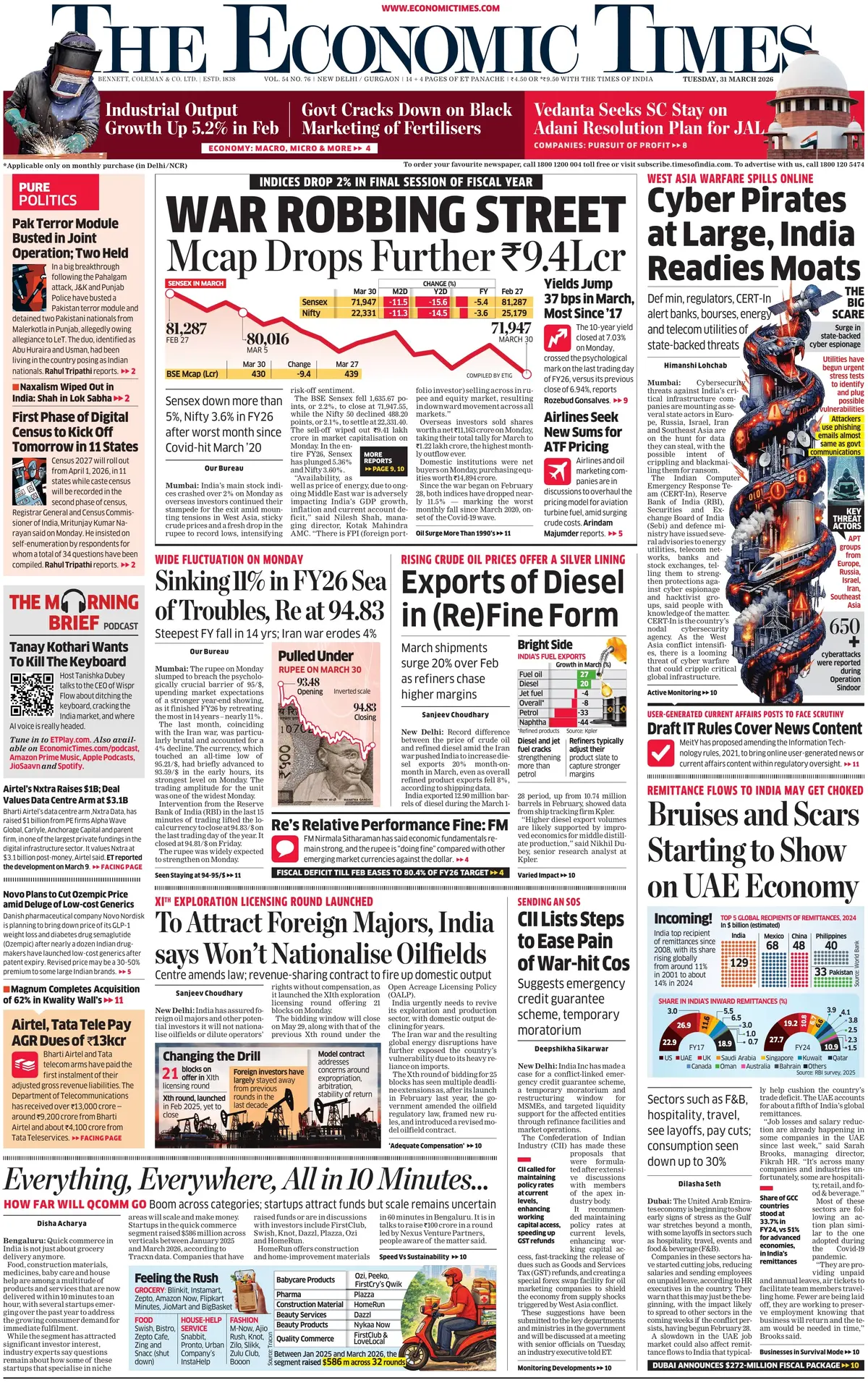 Front Page The Economic Times 31/03/2026