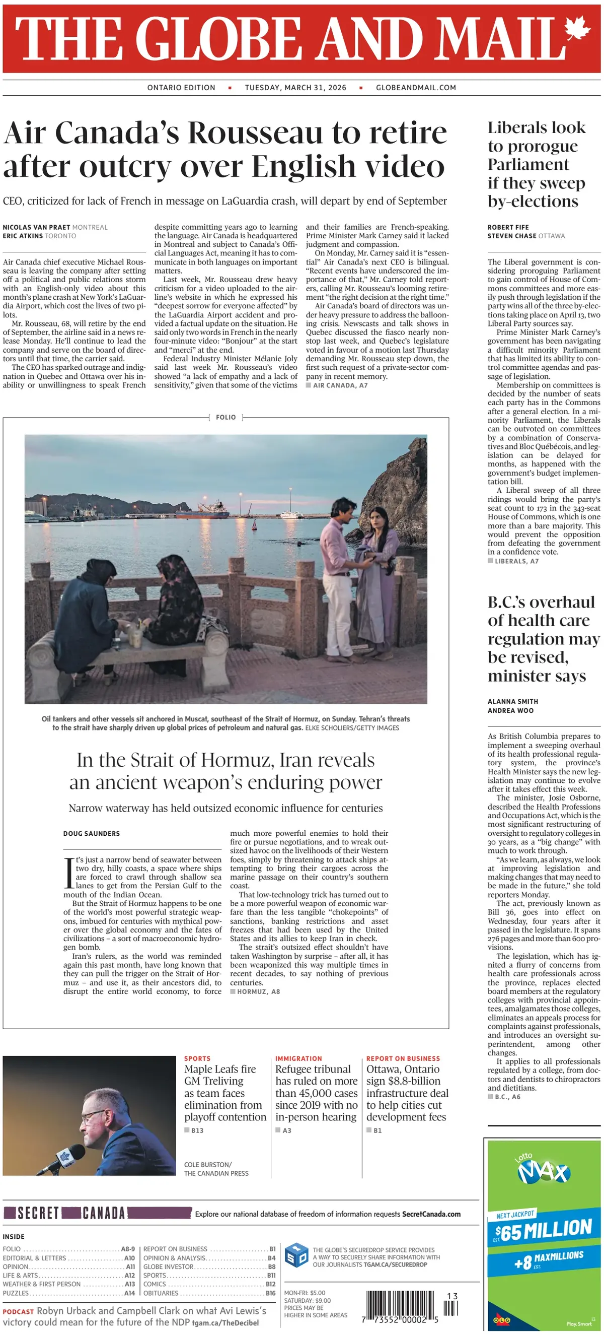 Front Page The Globe and Mail 31/03/2026