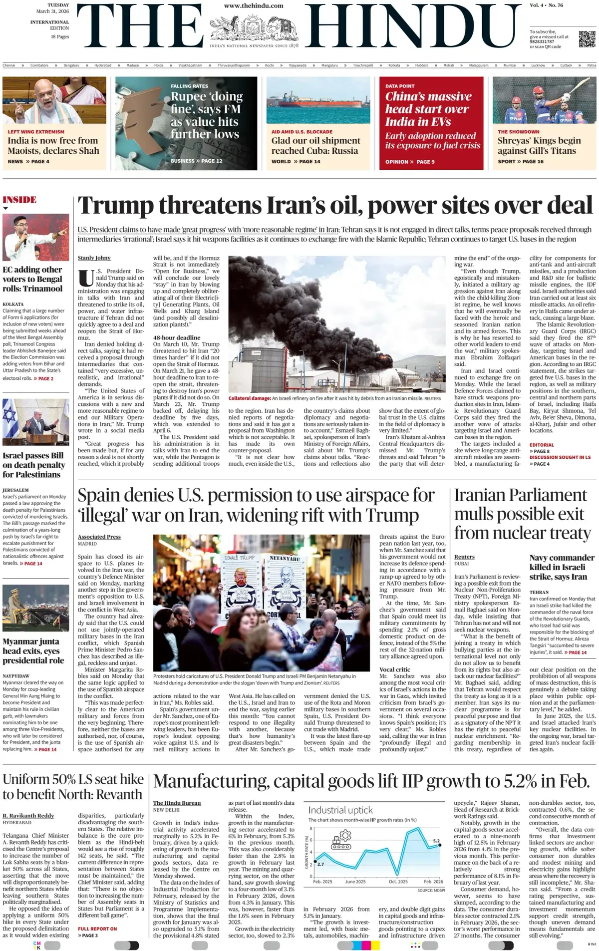 Front Page The Hindu 31/03/2026