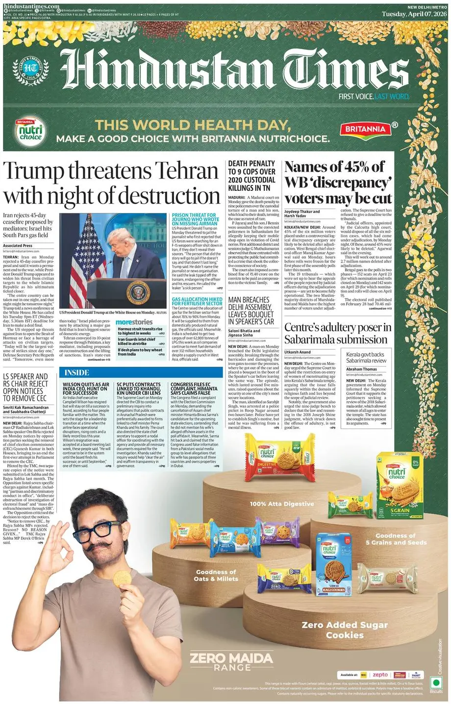 Front Page Hindustan Times 07/04/2026