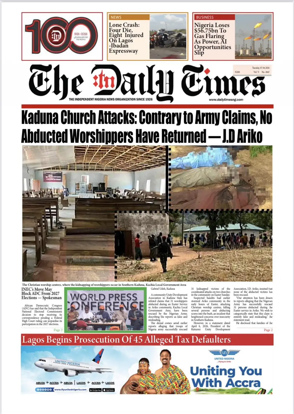 Front Page The Daily Times (Nigeria) 07/04/2026