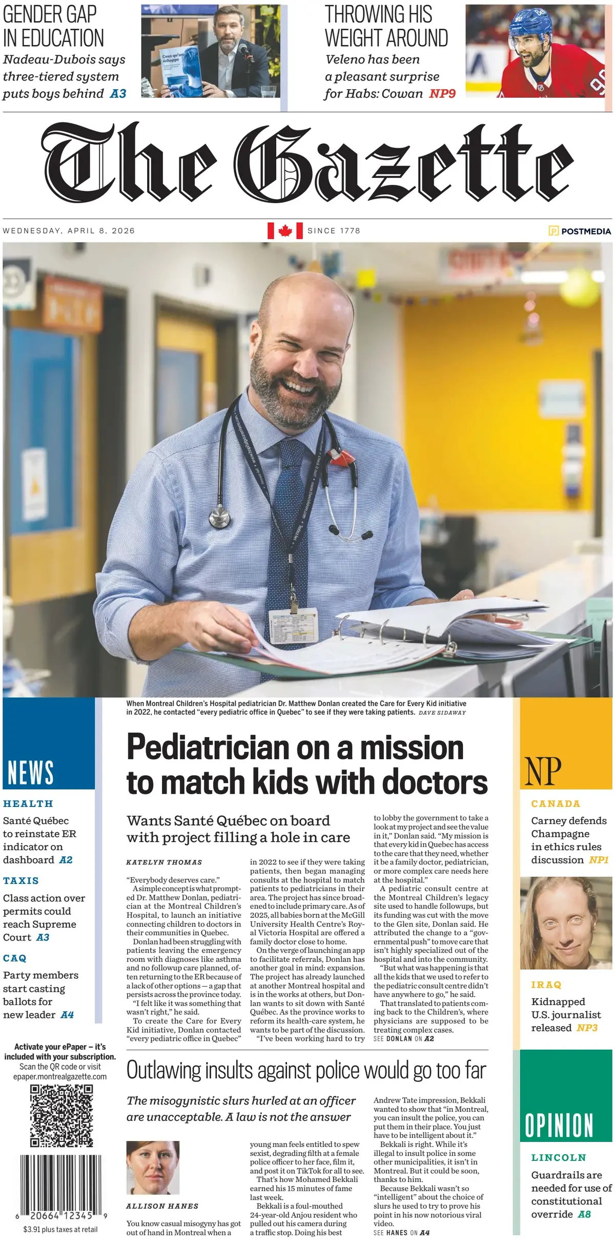 Front Page The Gazette (Montreal) 08/04/2026