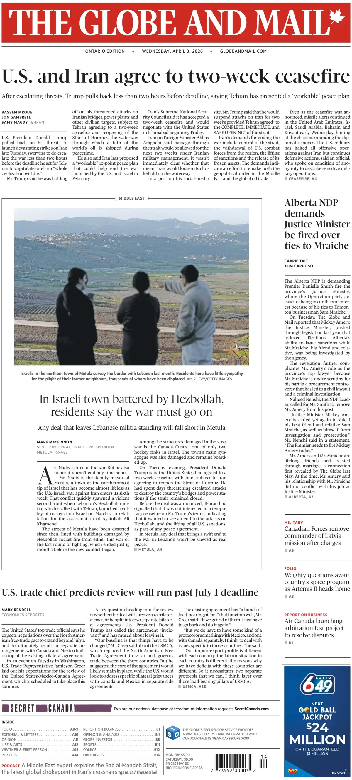 Front Page The Globe and Mail 08/04/2026